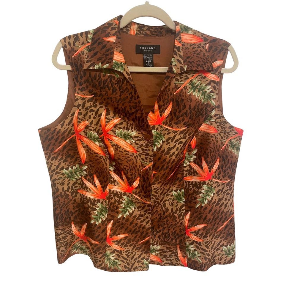 Silkland Woman Sleeveless Top Silk Tropical Leopard Print Button Up 1X
